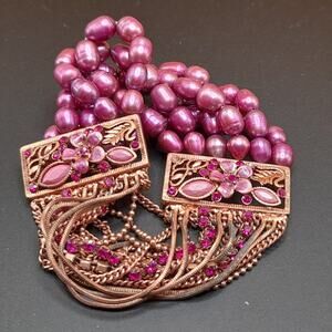 Pink Dyed Pearl Rhinestone Bracelet, Rose Gold Tone Chains, Pink Rhinestones, 7"